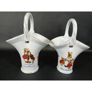 2pc Vintage Peter Rabbit The World Of Beatrix Potter Ceramic Baskets 2002 USED